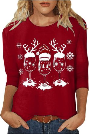 Generic Women Christmas T Shirts 3/4 Length Sleeve Round Neck Tops Round Neck Comfortable Tops Christmas Printed Shirt T Shirt Pullover Blouses Xmas Shirts Dr