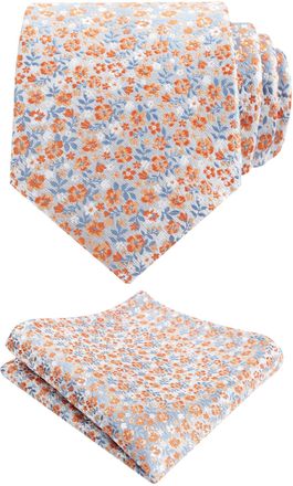 Alizeal Mens Light Colored Floral Necktie and Pocket Square Small Flower Colorful Wedding Party Tie Set, Light Blue+Orange