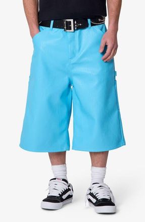 mnml Ultra Baggy Faux Leather Work Shorts in Blue at Nordstrom, Size 38