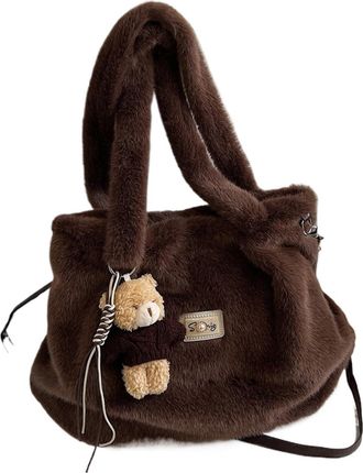Generic Womens Plush Bags Fluffy Womens Handbag Winter Plush Shoulder Bag Large Capacity Fur Underarm(Coffee,With pendant)