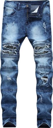 Generic JIER Mens Distressed Fashion Biker Jeans Stylish Destroyed Straight Fit Trousers Skinny Ripped Denim Pants (Blue,38)