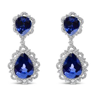 House of Brilliance 18K White Gold Blue Sapphire and Diamond 2.00 Cttw Diamond Halo Drop and Dangle Earring (G-H Color, SI1-SI2 Clarity)