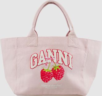 Ganni Tote Bag Medium Trapeze Shopper Raspberry Print Egret