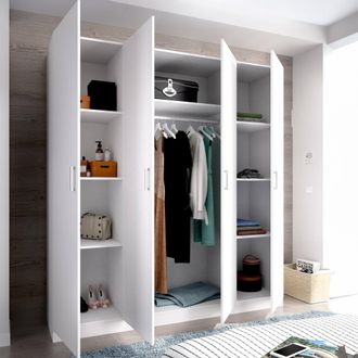 Dmora Armario Danna, Perchero Para Dormitorio, Armario Con 4 Puertas Batientes, 200x52h215 Cm, Blanco - Dmora