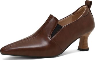 Generic Womens PU Leather Slip On Pumps Pointed Square Toe Elastic Panel Wooden Detail Heel Non Slip Durable Comfortable Daily Casual Shoes,Brown,3.5 UK