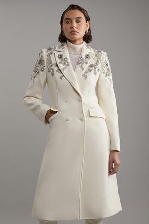 Karen Millen Tailored Wool Blend Embellished Double Breasted Midi Coat