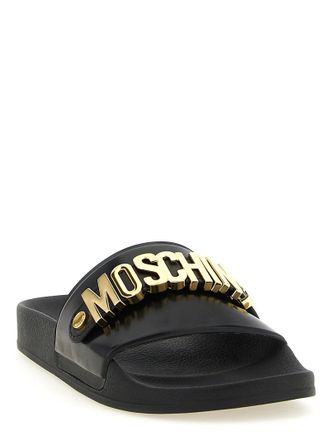Moschino Gold Metal Logo Slide - Black