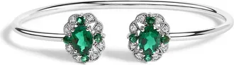House of Brilliance Sterling Silver White Topaz and Green Emerald Floral Bangle Bracelet 6.5 Inch