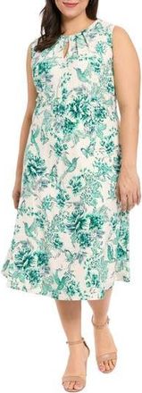 London Times Floral Keyhole A-Line Midi Dress in Soft White/Teal at Nordstrom Rack, Size 16W