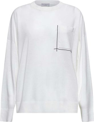 Brunello Cucinelli Witte Trui met Glanzend Zakdetail - Dames - Ronde hals truien - Wit - M - Truien & Vesten
