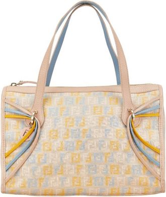 Fendi Beige Blue Yellow Canvas Leather Handbag Tote Bag (Pre-Owned)