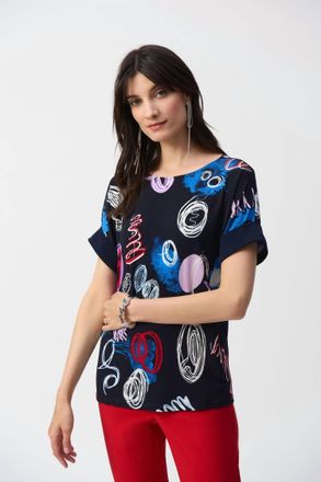 Joseph Ribkoff Abstract Boat Neck Top In Black Multi
