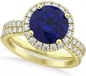 Allurez Blue Sapphire & Diamond Round-Cut Halo Bridal Set 14K Yellow Gold (3.07ct)