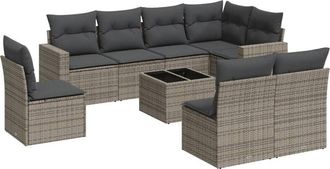 vidaXL Set De Muebles De Jard&iacute;n 9 Pzas Y Cojines Rat&aacute;n Sint&eacute;tico Gris Vidaxl