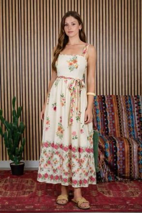 Blu Pepper Floral Border Midi Dress In Light Khaki Multi