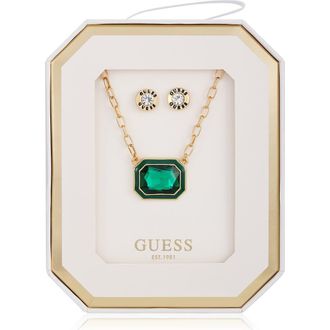 Guess Pendant Necklace & Stud Earrings Set in Gold/green at Nordstrom Rack