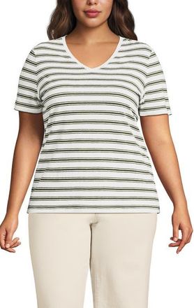 Lands End Short Sleeve Linen Blend V-Neck Tee in Ivory/artichoke Rail Stripe at Nordstrom, Size 2X