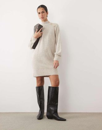 Vila Vestito corto con collo a imbuto in maglia neutra m&eacute;lange neutra con bottoni dorati-Neutro