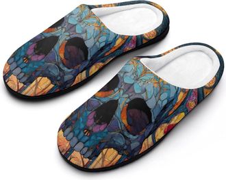 Generic Skull Stained Glass Window Slippers Men Winter Warm Cotton Anti-Slip Indoor Slip-Ons House Shoes