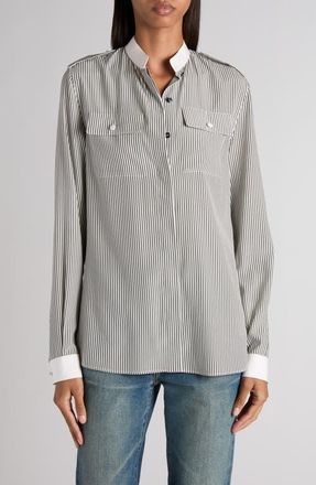 Tom Ford Stripe Silk cr&ecirc;pe de Chine Military Button-up Shirt in Black/White at Nordstrom, Size 10 Us