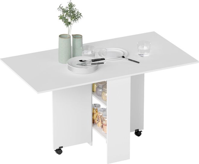 HOMCOM Esstisch, Klapptisch mit Rollen, Schreibtisch, Beistelltisch, Tisch mit Ablagefläche für Esszimmer, Holz, Weiß, 80 x 140 x 74 cm ab 139,90 €
