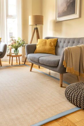 Kukoon Natural Golden Beige Jute Micro Woven Herringbone Pattern Cotton Border Area Rug in Grey | Size: 160 cm x 230 cm