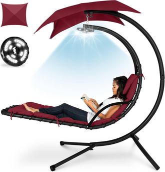 Best Choice Products Hanging LED-Lit Curved Chaise Lounge Chair for Backyard, Patio w/ Pillow, Canopy, Stand
