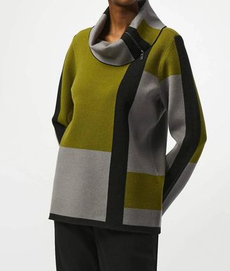 Joseph Ribkoff Color Block Cowl Neck Sweater In Black/artichoke/grey