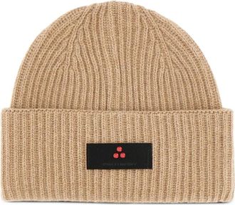 Peuterey ribbed logo-plaque beanie hat - men - Cashmere - One Size - Neutrals