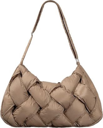 Generic Large Capacity Down Cotton Nylon Shoulder Bag With Crossbody Design Black Woven Handbag Versatile Pleated(Khaki)