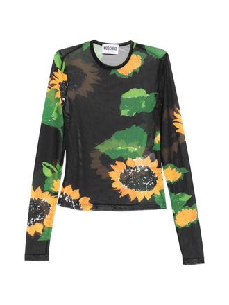 Moschino Sheer Black Long-Sleeve Top with Sunflower Print