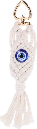 Cabilock Bohemian Tassel Keychain with Evil Eye Pendant, Handwoven Cotton Rope Macrame Bag Charm for Women, White Cotton Rope Woven Keyring, Boho and Party Fav