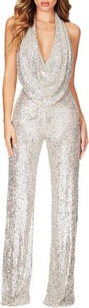 Generic Sequin Jumpsuit for Women V Neck Backless Long Jumpsuits Sexy Glitter Sequins Wide Leg Romper Cocktail Party Playsuit Full Length Sparkly Glitter Play