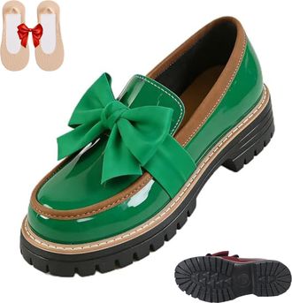 Generic Womens Bowknot Thick Sole Loafers, Womens Patent Leather Bowknot Chunky Platform Loafers - Casual Dress Shoes for Office Business Work Everyday Wear (