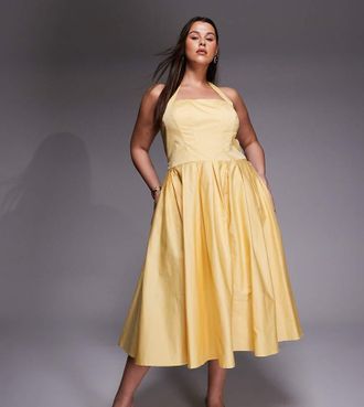 Tfnc Plus Vestito skater midi allacciato al collo in cotone giallo