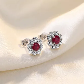 Pompeii3 2 1/2ct Genuine Ruby & Diamond Halo Studs Earrings 14K White Gold