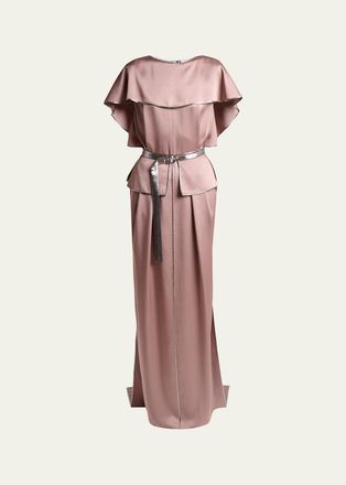 Lanvin Capelet-Sleeve Metallic Belted Satin Maxi Dress