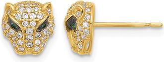 Diamond2Deal 10K Yellow Gold White & Green CZ Lioness Head Stud Earrings