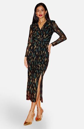 Yumi Metallic Sparkle Mesh Wrap Midi Dress in Black at Nordstrom, Size 12