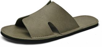 Generic Mens Genuine Leather Flat Slides Sandals Fashion Round Open Toe Slip On Soft Bottom Beach Sandals Summer Casual Vacation Parties Slippers (11.5,Khaki)
