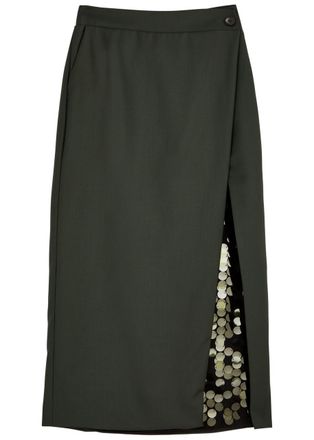 16Arlington Beatris Embellished Wool Midi Wrap Skirt - Khaki - 8 (UK8 / S)