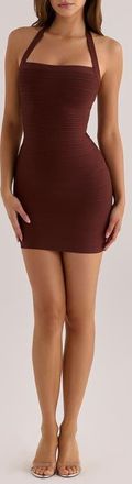 House of CB The Silhouette Halter Neck Bandage Minidress in Chocolate at Nordstrom, Size X-Small