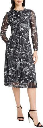 Maggy London Long Sleeve Mesh Midi Dress in Black/Ivory at Nordstrom Rack, Size 4