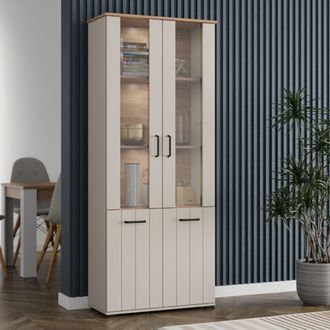 Dmora Vitrina Tadas, Mueble Expositor 4 Estantes, 2 Puertas, Con Patas, Puerta Con Detalle De Vidrio, 79x36x191h Cm Blanco Crema