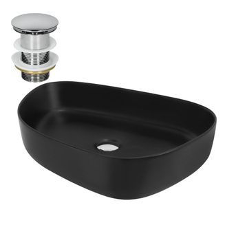 ML Design Lavabo ovalado negro cer&aacute;mico con desag&uuml;e cromado
