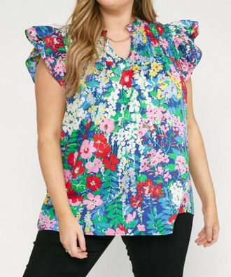 Entro Floral Ruffle Sleeve Top - Plus In Navy