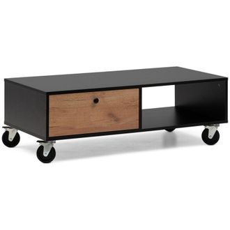 Les Tendances Mesa De Centro 110x55x38 Negro Y Roble, Con Caj&oacute;n, Balda Abierta Y Ruedas Industriales