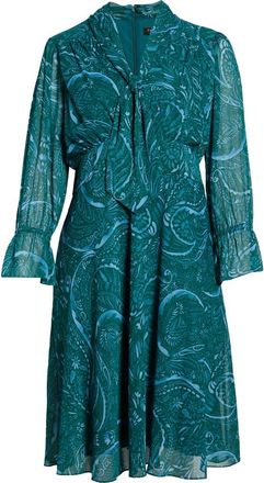 Tahari by ASL Paisley Tie Neck Long Sleeve Midi Dress in Teal Paisley at Nordstrom, Size 20W