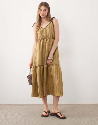 Asos Vestito lungo a balze verde oliva con allacciatura e bordi a contrasto-Multi