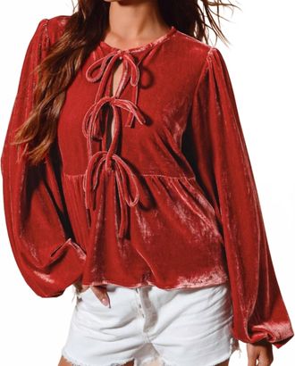 So Me Carmine Velvet Front Tie Peplum Blouse In Red